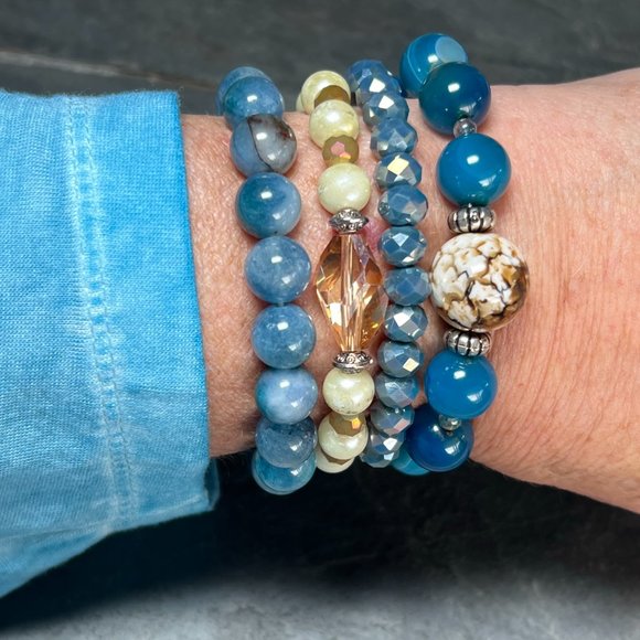 "The Kai" Beaded Bracelet Stack Semi Precious Chunky Agate Jade Shell Pearl New! - Picture 9 of 11